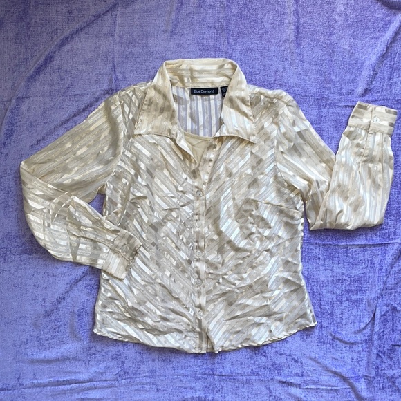 Vintage Blue Diamond sheer button up blouse with tank top gold shimmer cream tan - Picture 1 of 14